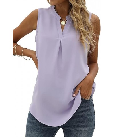 Womens Tank Tops V Neck Pleated Sleeveless Summer Shirts Loose Casual Blouses Purple $10.79 Tops