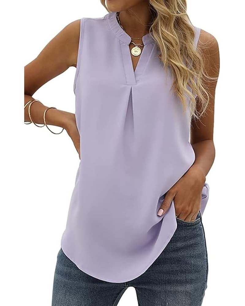 Womens Tank Tops V Neck Pleated Sleeveless Summer Shirts Loose Casual Blouses Purple $10.79 Tops