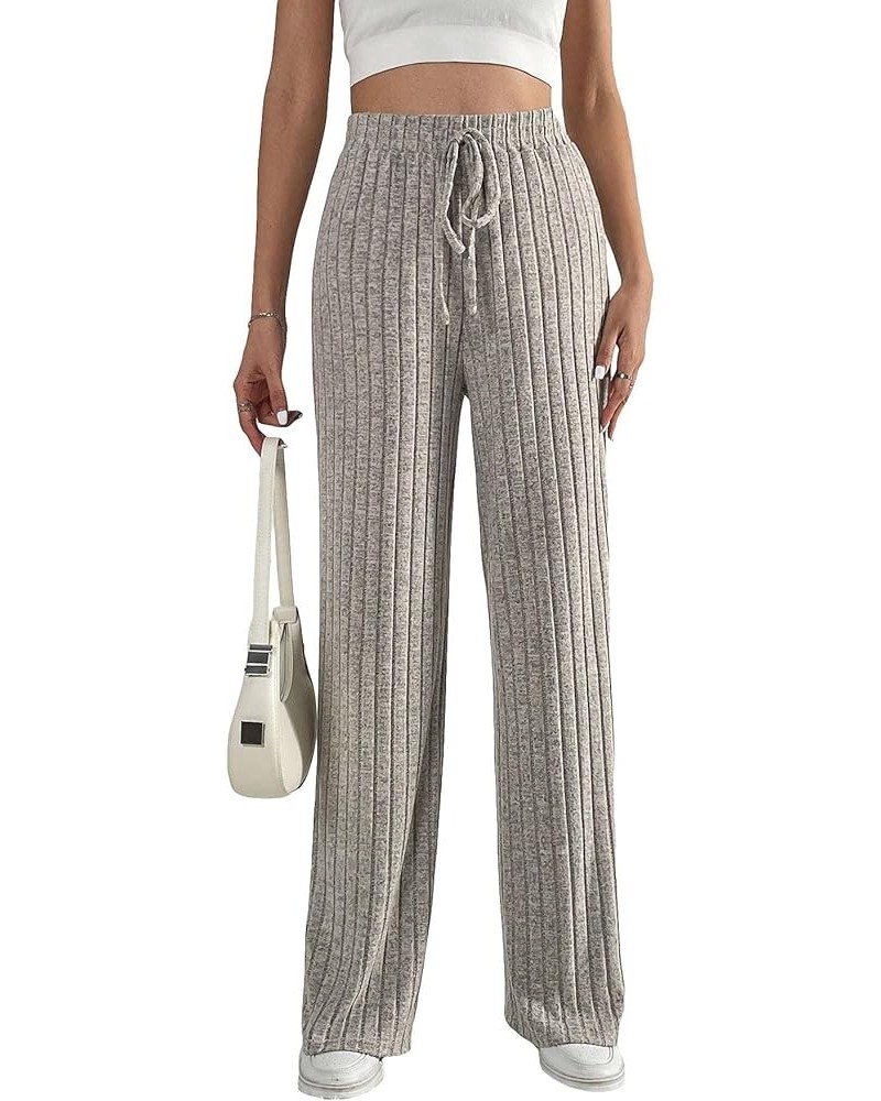 Women's Casual Drawstring Elastic Waisted Trousers Ribbed Knit Straight Leg Long Pants Apricot $15.05 Pants