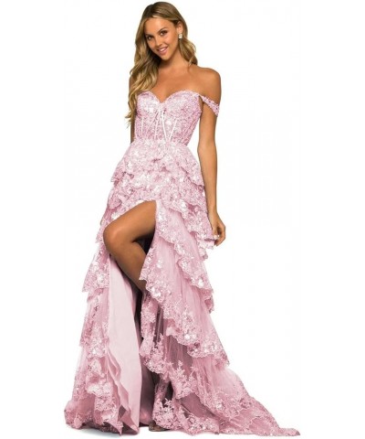 Tiered Lace 2024 Prom Dresses Long Sequin A Line Evening Dresses with Slit Off Shoulder Formal Gowns for Women Blush $39.60 D...