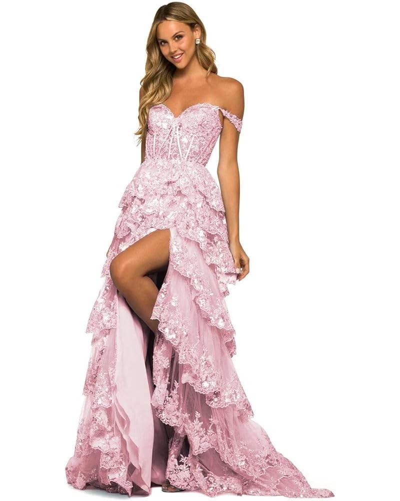 Tiered Lace 2024 Prom Dresses Long Sequin A Line Evening Dresses with Slit Off Shoulder Formal Gowns for Women Blush $39.60 D...