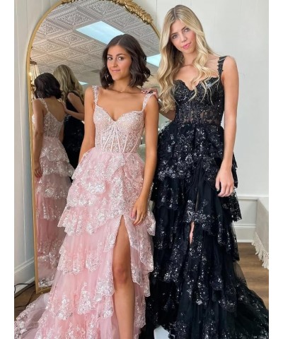 Tiered Lace 2024 Prom Dresses Long Sequin A Line Evening Dresses with Slit Off Shoulder Formal Gowns for Women Blush $39.60 D...