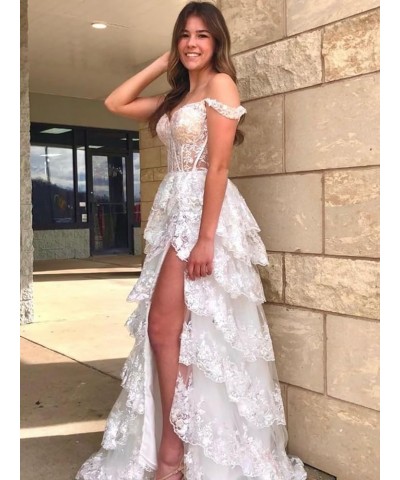 Tiered Lace 2024 Prom Dresses Long Sequin A Line Evening Dresses with Slit Off Shoulder Formal Gowns for Women Blush $39.60 D...