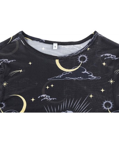 Women's Long Sleeve See Through Tee Shirts Moon Star Printed Sexy Sheer Mesh Crop Tops Blouse Rave Clothing Moon Black $6.11 ...