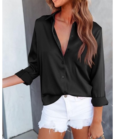 Women's Satin Button Down Shirts Roll Up Long Sleeve Lapel V Neck Loose Casual Work Summer Spring Blouse Tops 2024 Solid Blac...