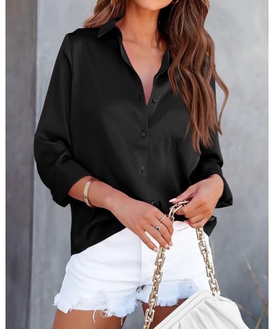 Women's Satin Button Down Shirts Roll Up Long Sleeve Lapel V Neck Loose Casual Work Summer Spring Blouse Tops 2024 Solid Blac...