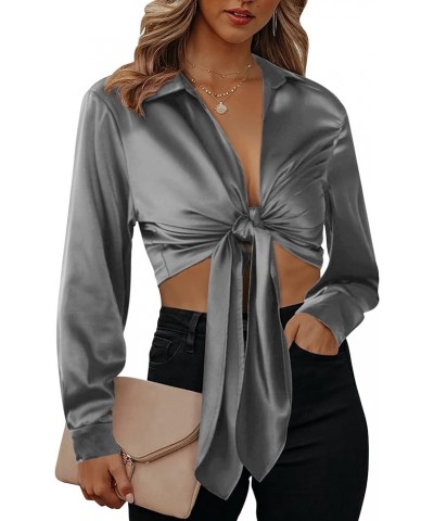 Satin Blouses for Women Sexy Long Sleeve Silk Shirts Tie Front Deep V-Neck Wrap Crop Top Grey $12.91 Blouses