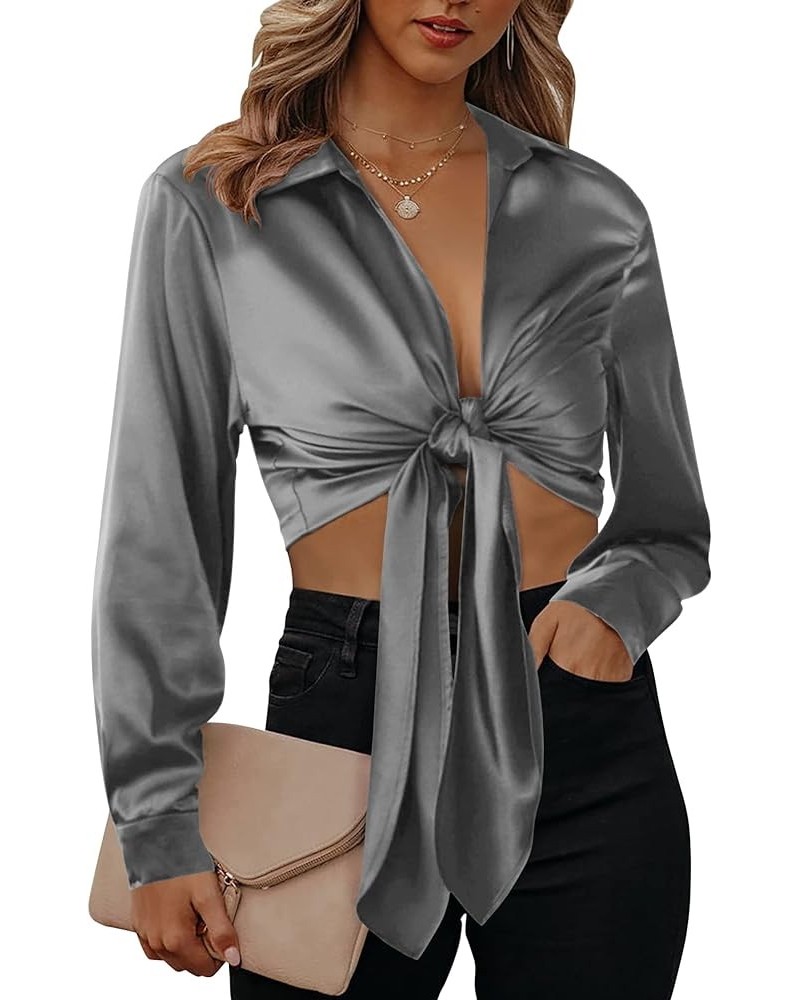 Satin Blouses for Women Sexy Long Sleeve Silk Shirts Tie Front Deep V-Neck Wrap Crop Top Grey $12.91 Blouses