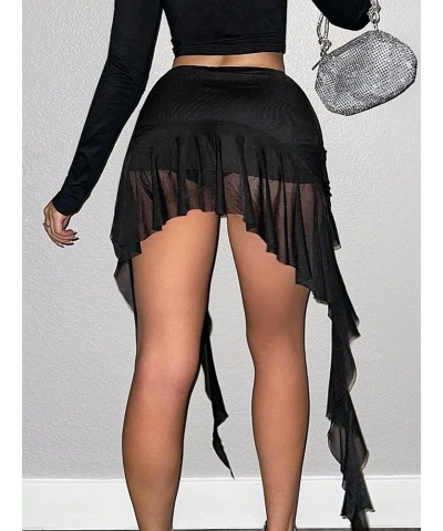 Women's Asymmetrical Side Ruched Ruffle Trim Low Waist Mini Skirt Black $17.97 Skirts