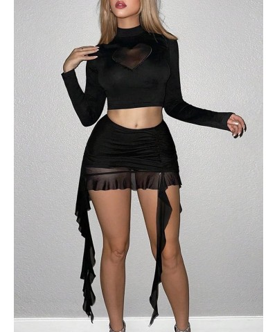 Women's Asymmetrical Side Ruched Ruffle Trim Low Waist Mini Skirt Black $17.97 Skirts