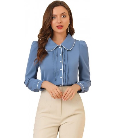 Women's Peter Pan Collar Shirt Long Sleeve Elegant Button Down Work Blouse Grey Blue $13.20 Blouses