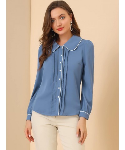 Women's Peter Pan Collar Shirt Long Sleeve Elegant Button Down Work Blouse Grey Blue $13.20 Blouses