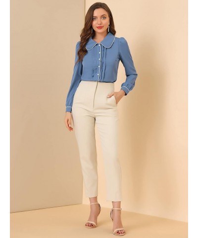 Women's Peter Pan Collar Shirt Long Sleeve Elegant Button Down Work Blouse Grey Blue $13.20 Blouses