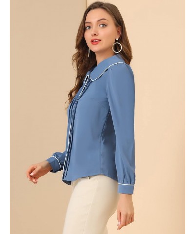 Women's Peter Pan Collar Shirt Long Sleeve Elegant Button Down Work Blouse Grey Blue $13.20 Blouses