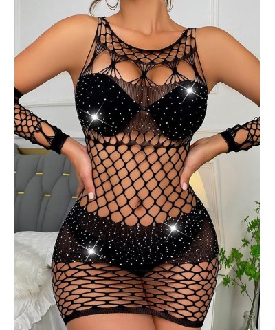 Women's Sexy Sleeveless See Through Sparkly Rhinestones Mesh Bodycon Mini Dress N-black $10.99 Dresses