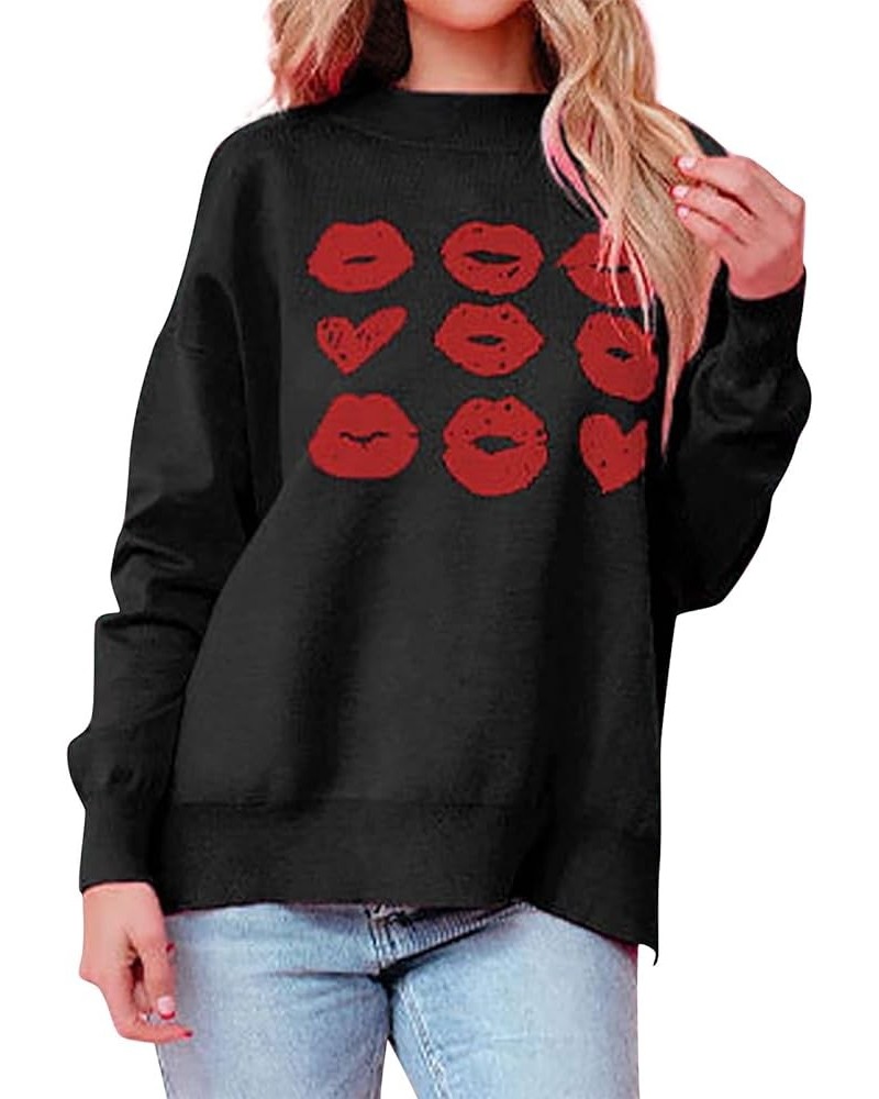 Women's Autumn&Spring Valentine's Day Love Pattern Knit Sweater Soft and Smooth Beautiful Sweater Fuzzy Retro D-black $10.94 ...