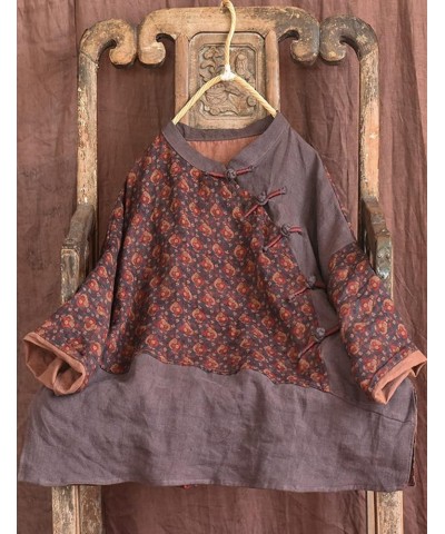 Women Linen Shirt Patchwork 3/4 Sleeve Chinese Traditional Frog Button Tang Suit Blouse Tops Coffee $32.63 Blouses