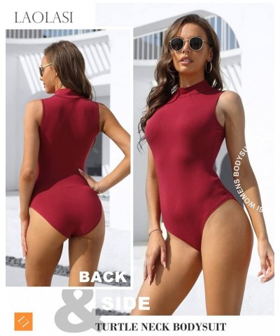 Women's Turtle Neck Mock Neck Sleeveless Slim Fit Bodysuit Tops Jumpsuit 06 Red $10.49 Bodysuits