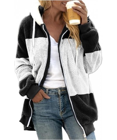 Winter Coats for Women,2023 Fuzzy Fleece Jacket Hooded Color Block Patchwork Cardigan Coats Outerwear with Pockets D-black*3 ...