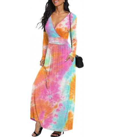 Women Long Sleeve Deep V Neck Loose Plain Long Maxi Casual Dress Flower Orange $10.25 Dresses