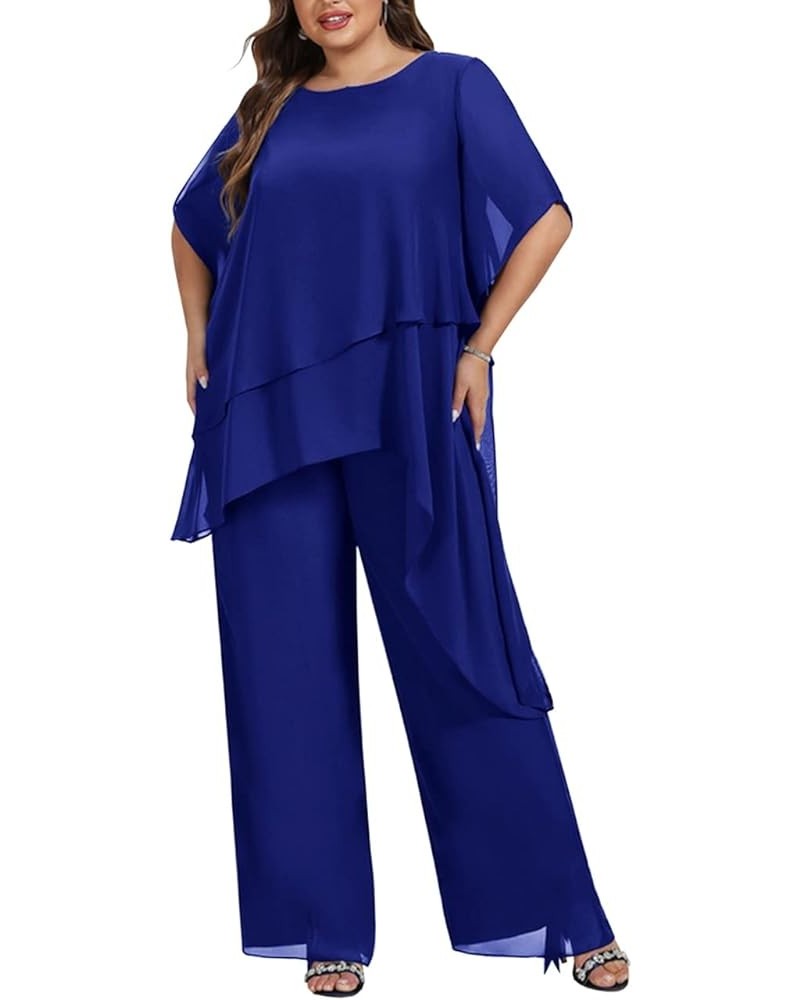 Women's 2 Pcs Plus Size Mother of the Bride Pant Suits Chiffon Asymmetric Flowy Tunic & Pant Outfit Set Navy Blue $38.38 Suits