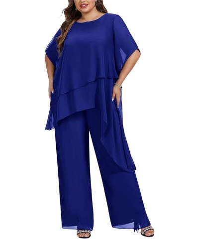 Women's 2 Pcs Plus Size Mother of the Bride Pant Suits Chiffon Asymmetric Flowy Tunic & Pant Outfit Set Navy Blue $38.38 Suits