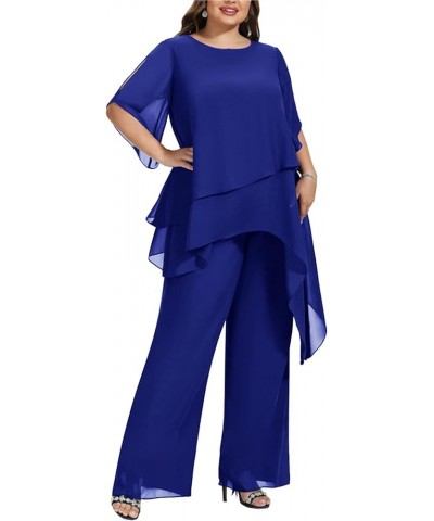 Women's 2 Pcs Plus Size Mother of the Bride Pant Suits Chiffon Asymmetric Flowy Tunic & Pant Outfit Set Navy Blue $38.38 Suits