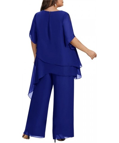 Women's 2 Pcs Plus Size Mother of the Bride Pant Suits Chiffon Asymmetric Flowy Tunic & Pant Outfit Set Navy Blue $38.38 Suits