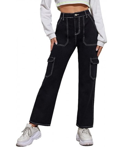 Women's High Waisted Cargo Jeans Stretch Wide Leg Denim Pants Trendy Solid Black $23.84 Jeans