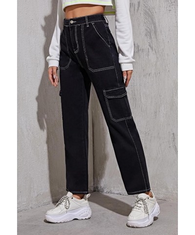 Women's High Waisted Cargo Jeans Stretch Wide Leg Denim Pants Trendy Solid Black $23.84 Jeans