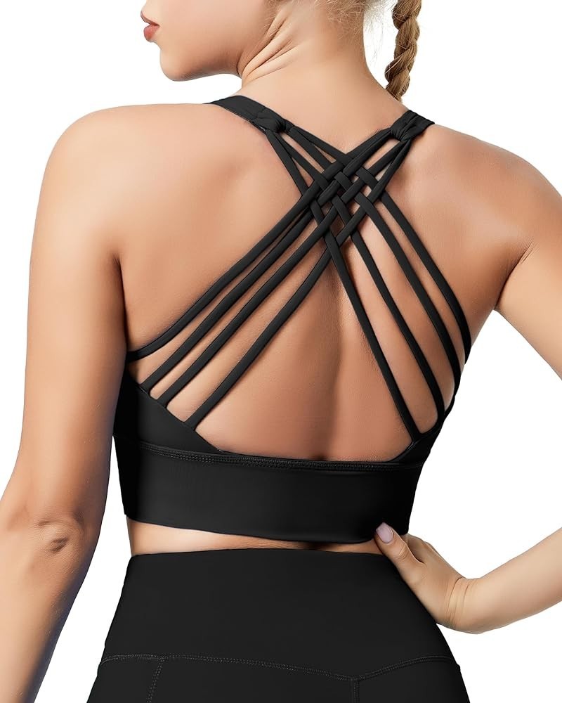 Strappy Sports Bra for Women Medium Support Yoga Bra Longline Crisscross Back Padded Bra Gym Workout Crop Top 1 Black $14.33 ...