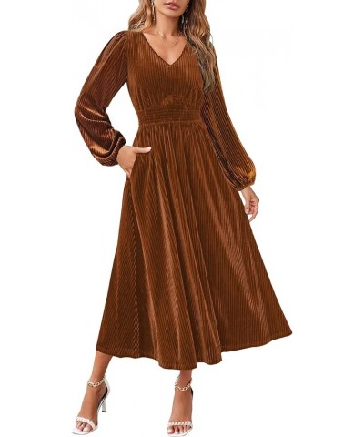 Women's Velvet Midi Dress Casual V Neck Long Sleeve Solid Color Elastic High Waist Flowy Evening Party Dresses Caramel $22.00...