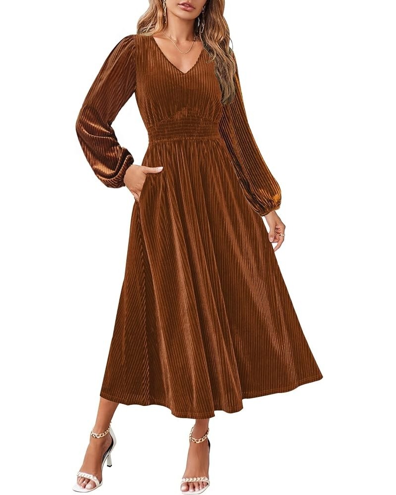 Women's Velvet Midi Dress Casual V Neck Long Sleeve Solid Color Elastic High Waist Flowy Evening Party Dresses Caramel $22.00...