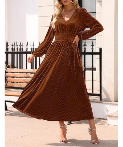 Women's Velvet Midi Dress Casual V Neck Long Sleeve Solid Color Elastic High Waist Flowy Evening Party Dresses Caramel $22.00...