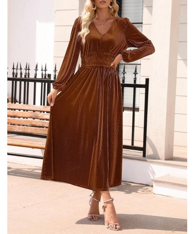 Women's Velvet Midi Dress Casual V Neck Long Sleeve Solid Color Elastic High Waist Flowy Evening Party Dresses Caramel $22.00...