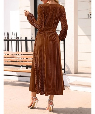 Women's Velvet Midi Dress Casual V Neck Long Sleeve Solid Color Elastic High Waist Flowy Evening Party Dresses Caramel $22.00...