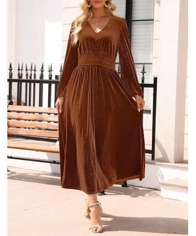 Women's Velvet Midi Dress Casual V Neck Long Sleeve Solid Color Elastic High Waist Flowy Evening Party Dresses Caramel $22.00...