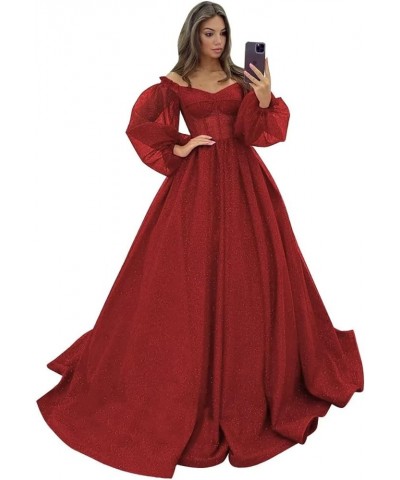 Puffy Sleeve Glitter Prom Dresses Women's Ball Gown Off Shoulder Formal Evening Gown Princess Quinceanera Dress Wine Red $48....