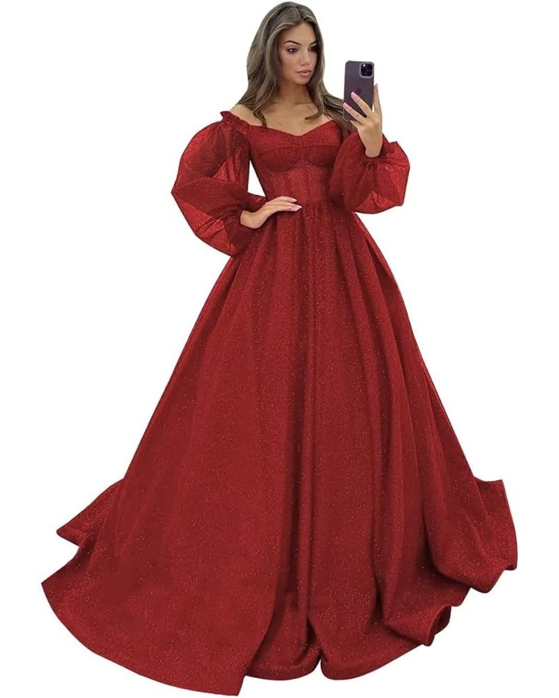 Puffy Sleeve Glitter Prom Dresses Women's Ball Gown Off Shoulder Formal Evening Gown Princess Quinceanera Dress Wine Red $48....