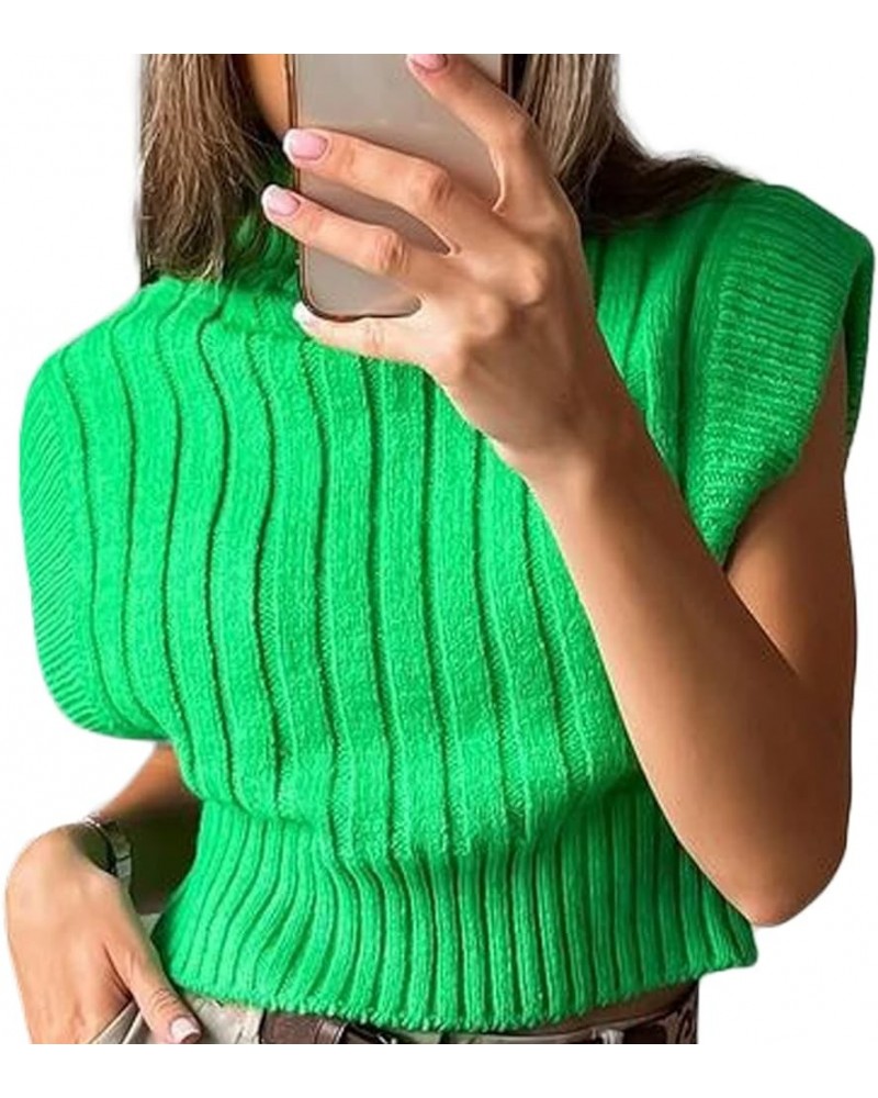 Women Solid Color Knit Sweater Vest High Neck Shoulder Pads Sleeveless Knitted Tank Top Casual Pullover Knitwear L-green $13....