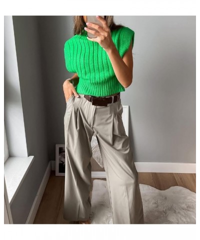 Women Solid Color Knit Sweater Vest High Neck Shoulder Pads Sleeveless Knitted Tank Top Casual Pullover Knitwear L-green $13....