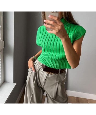 Women Solid Color Knit Sweater Vest High Neck Shoulder Pads Sleeveless Knitted Tank Top Casual Pullover Knitwear L-green $13....