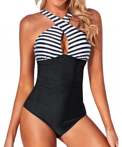 Women One Piece Swimsuits Front Cross Keyhole Tummy Control Backless Bathing Suit Striped Black $21.82 Swimsuits
