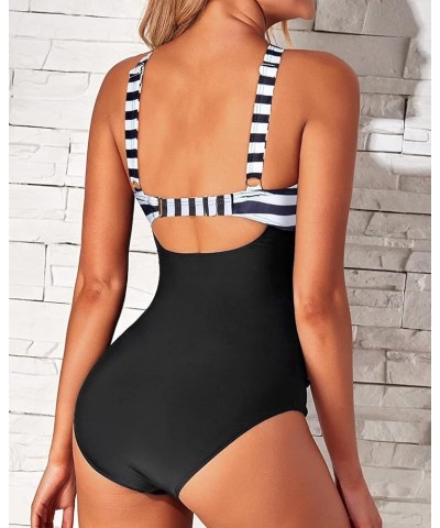 Women One Piece Swimsuits Front Cross Keyhole Tummy Control Backless Bathing Suit Striped Black $21.82 Swimsuits