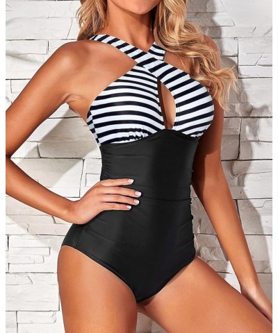 Women One Piece Swimsuits Front Cross Keyhole Tummy Control Backless Bathing Suit Striped Black $21.82 Swimsuits