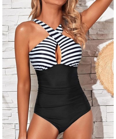 Women One Piece Swimsuits Front Cross Keyhole Tummy Control Backless Bathing Suit Striped Black $21.82 Swimsuits