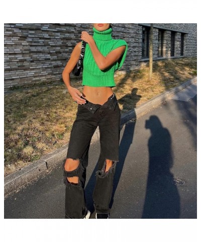 Women Solid Color Knit Sweater Vest High Neck Shoulder Pads Sleeveless Knitted Tank Top Casual Pullover Knitwear L-green $13....