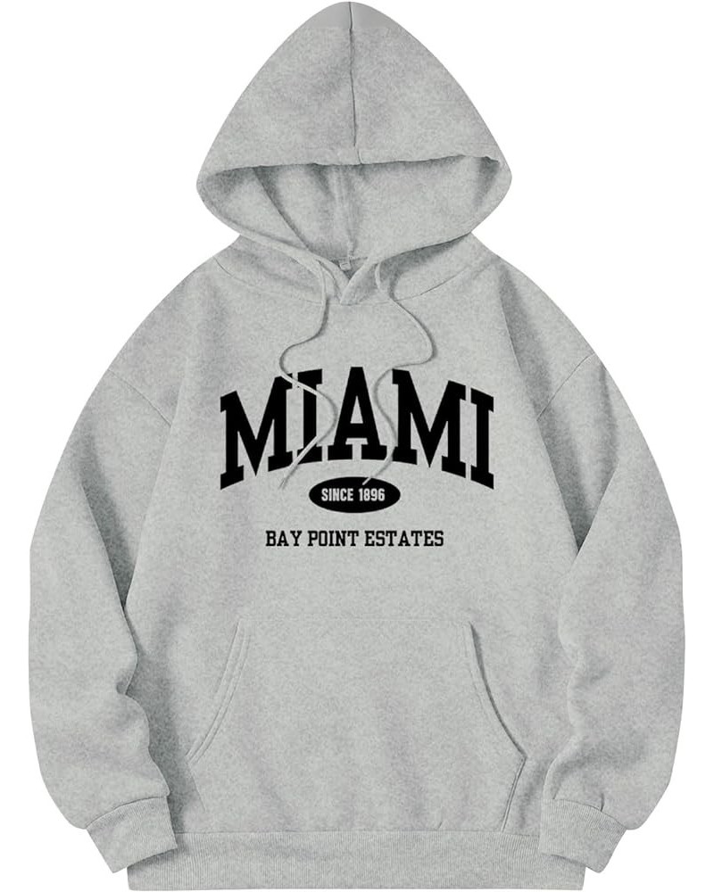 Miami Sweatshirt Hoodies for Women Long Sleeved Oversized Streetwear Printed Hoodie With Pockets Y2K Grey $11.99 Hoodies & Sw...