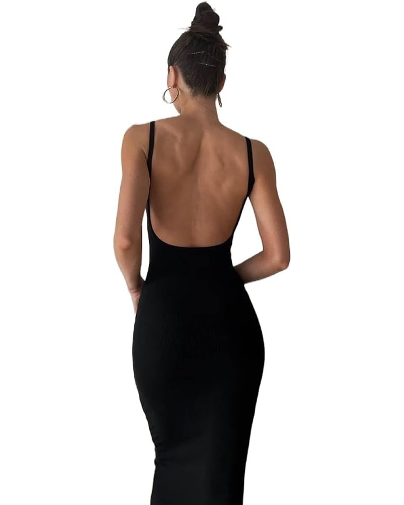 Sexy Backless Maxi Dress for Women Y2K Satin Spaghetti Strap Sleeveless Cowl Neck Bodycon Long Dress B Backless Black $11.96 ...