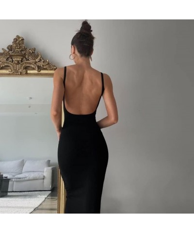 Sexy Backless Maxi Dress for Women Y2K Satin Spaghetti Strap Sleeveless Cowl Neck Bodycon Long Dress B Backless Black $11.96 ...